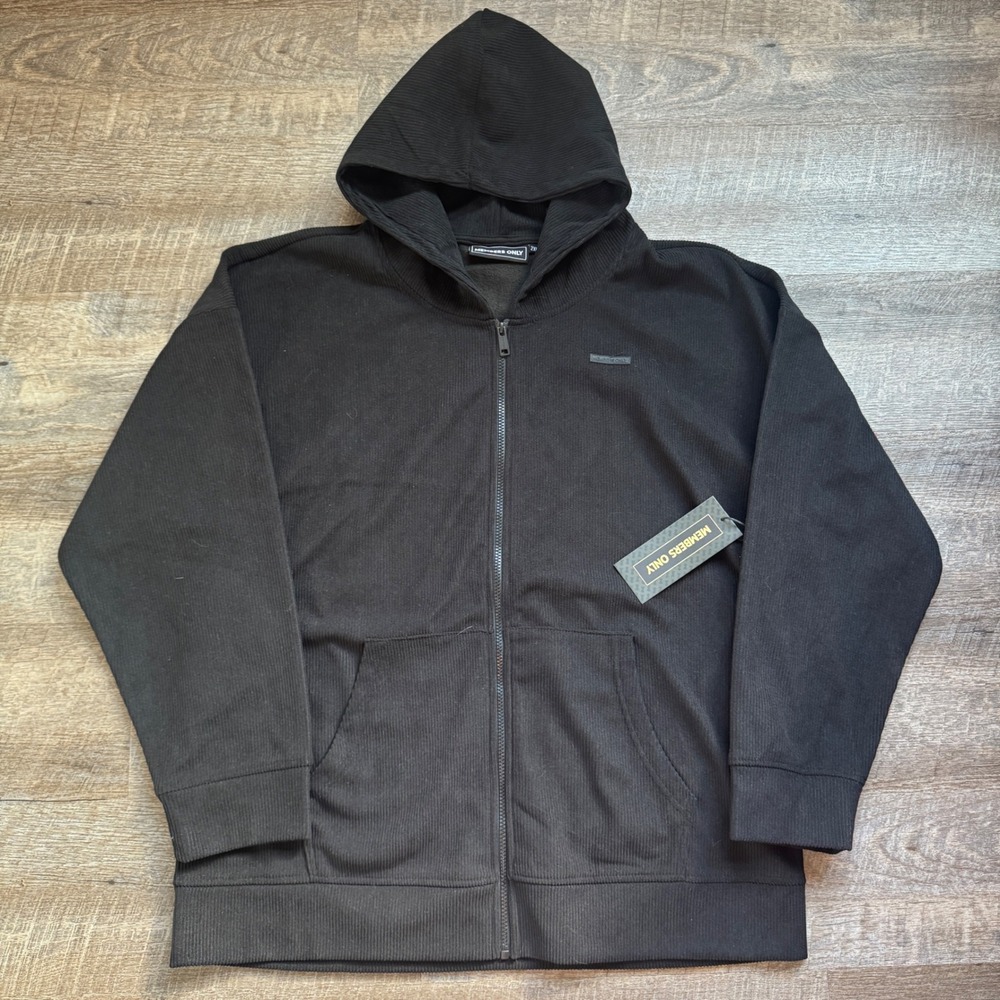Members Only Mens Black Corduroy Look Full Zip Hooded Jacket Size 2XL NEW